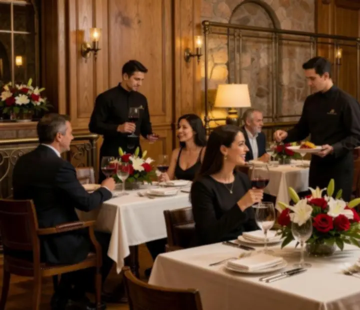 Ambiente luminoso de restaurante de lujo con mesas vestidas y detalles cálidos en Mesaymazo.
