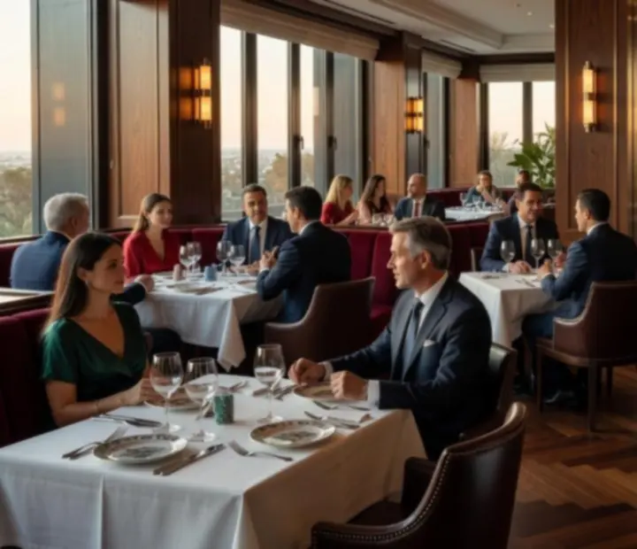Vista cinematográfica de una mesa con platos gourmet y fichas de póker en un ambiente elegante