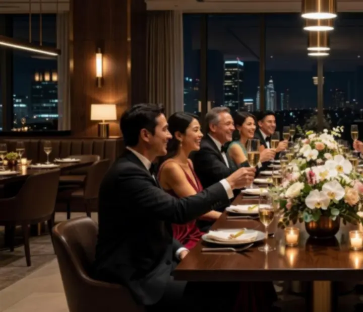 Celebración privada en un salón elegante con mesas refinadas y luz cálida en Mesaymazo.