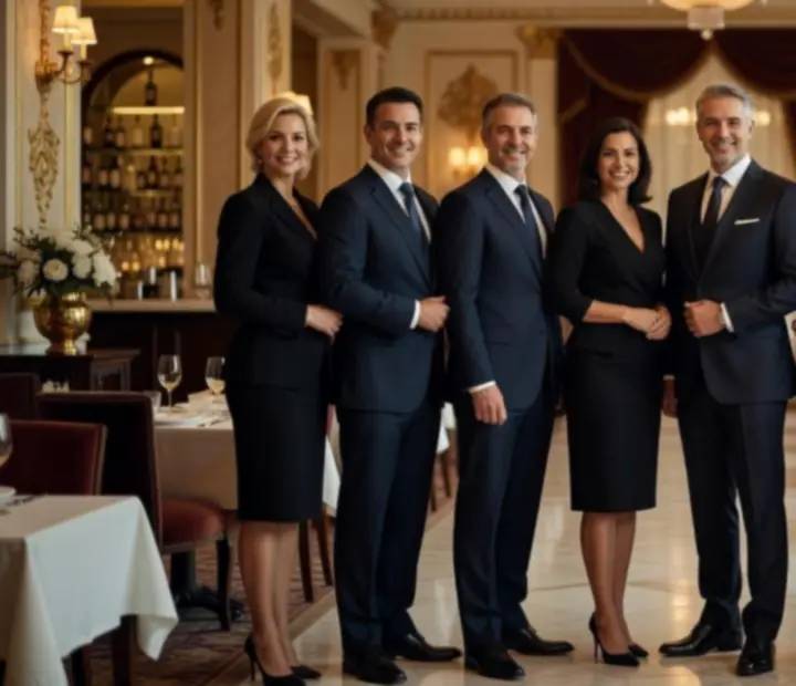 Equipo directivo de Mesaymazo en el salón del restaurante, con una actitud distendida y profesional.