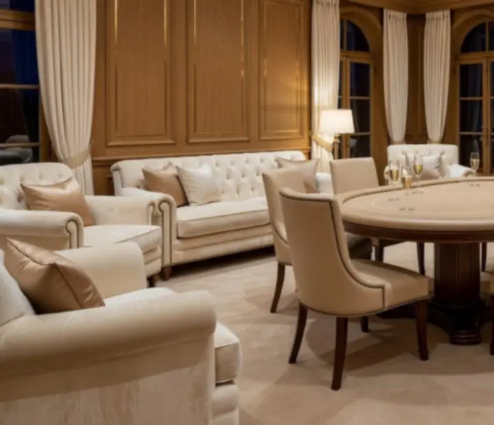 Lounge íntimo y elegante con sillones, iluminación cálida y mesa de poker en Mesaymazo.