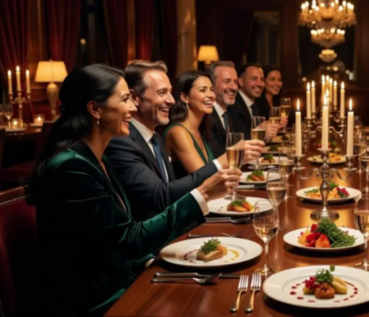 Grupo de personas compartiendo una comida en una mesa elegante, brindando y sonriendo.