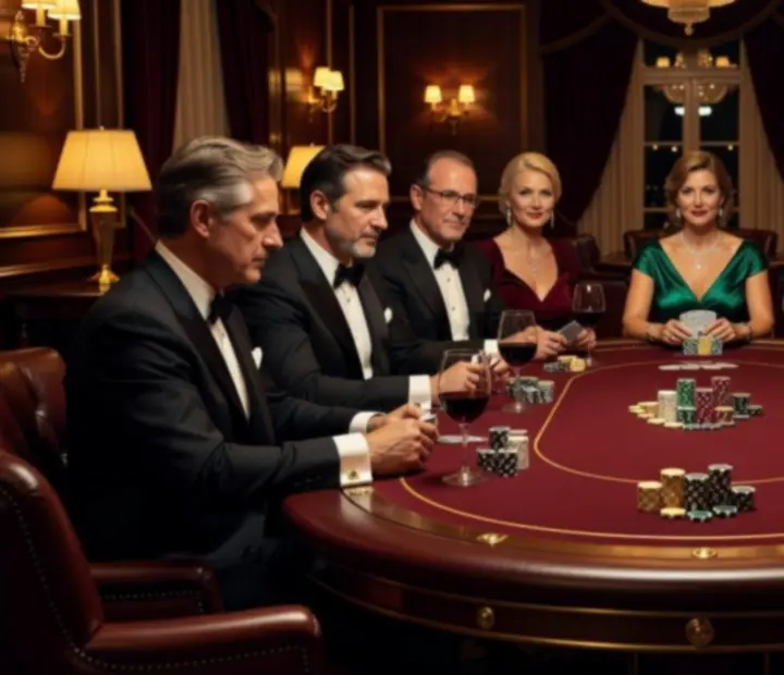 Sala de poker exclusiva con jugadores disfrutando de una velada elegante en Mesaymazo