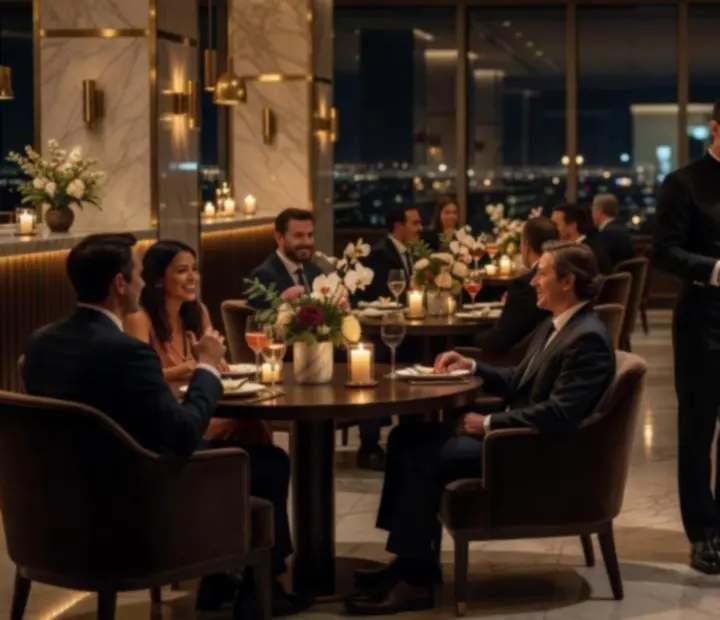 Fiesta privada de lujo con invitados brindando en un salón contemporáneo de Mesaymazo.
