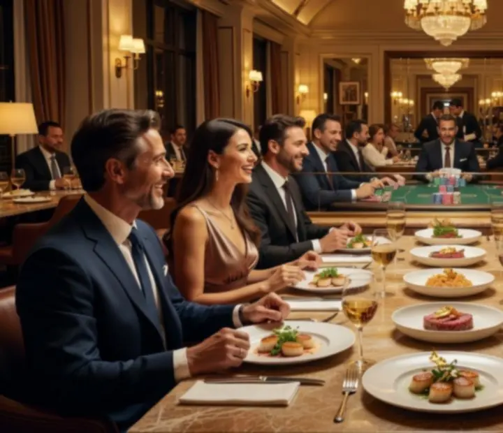 Momentos VIP en Mesaymazo con platos gourmet y mesas de poker elegantes.