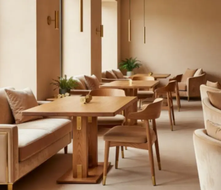 Salón luminoso y elegante con detalles en madera y bronce en Mesaymazo.