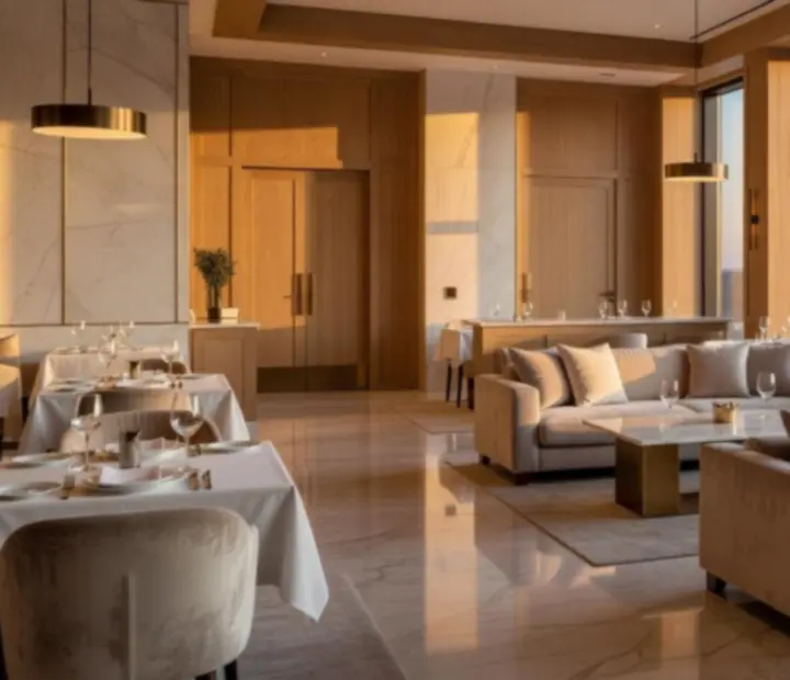 Interior luminoso y elegante del restaurante Mesaymazo, con mesas de madera, mármol y luz cálida.