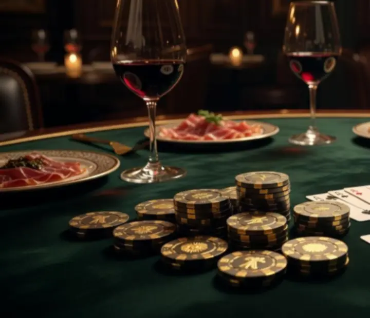 Detalle de una mesa de poker con fichas y cartas en un entorno sofisticado