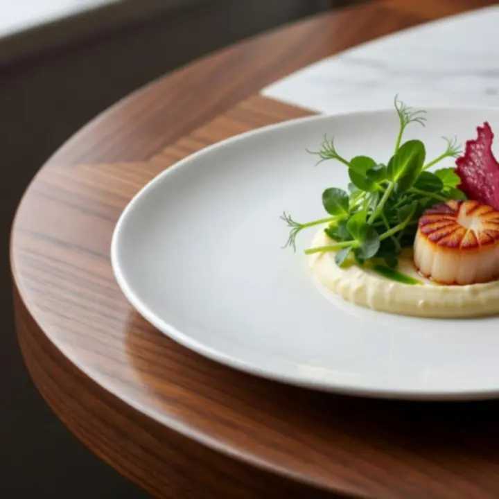Plato gourmet de alta cocina presentado con detalle artístico y colores armónicos.