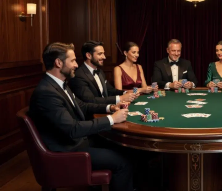 Mesa de poker exclusiva con fichas y crupier profesional en un ambiente elegante.