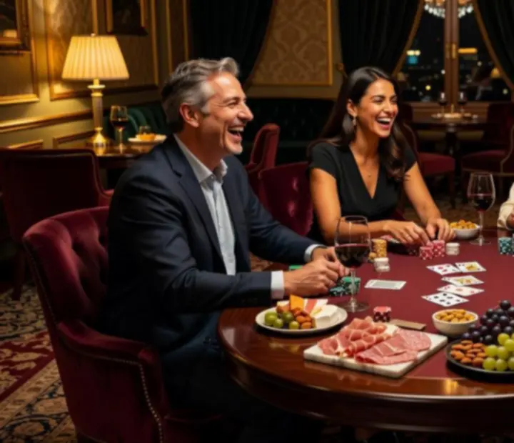 Noche de póker con jugadores elegantes, fichas y copas sobre la mesa