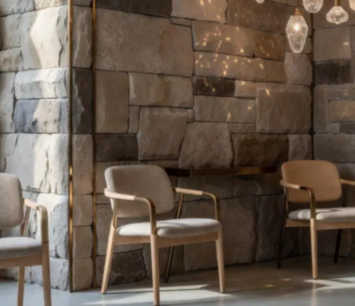 Detalles de diseño interior con madera, piedra natural y luz cálida