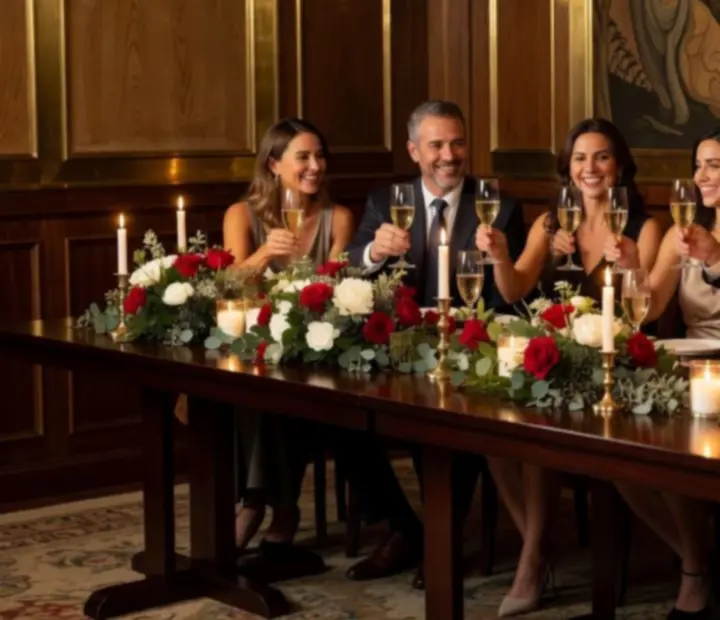 Celebración privada con invitados brindando en un salón elegante