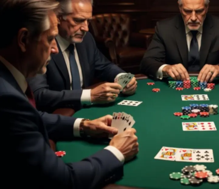 Torneo privado de póker con fichas, cartas y jugadores concentrados