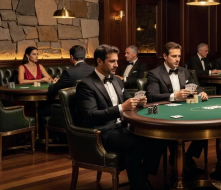 Salón de poker de lujo con mesas elegantes y ambiente luminoso en Mesaymazo