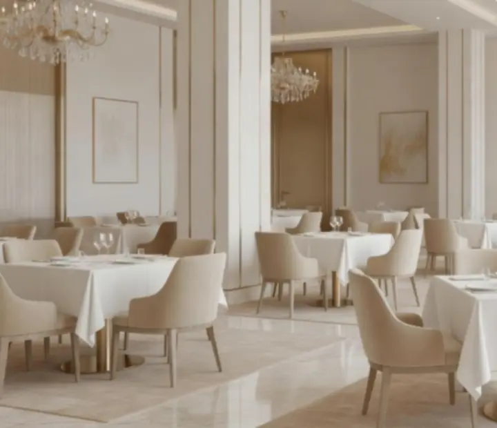 Salón principal elegante con luz cálida, madera y detalles en bronce en Mesaymazo.